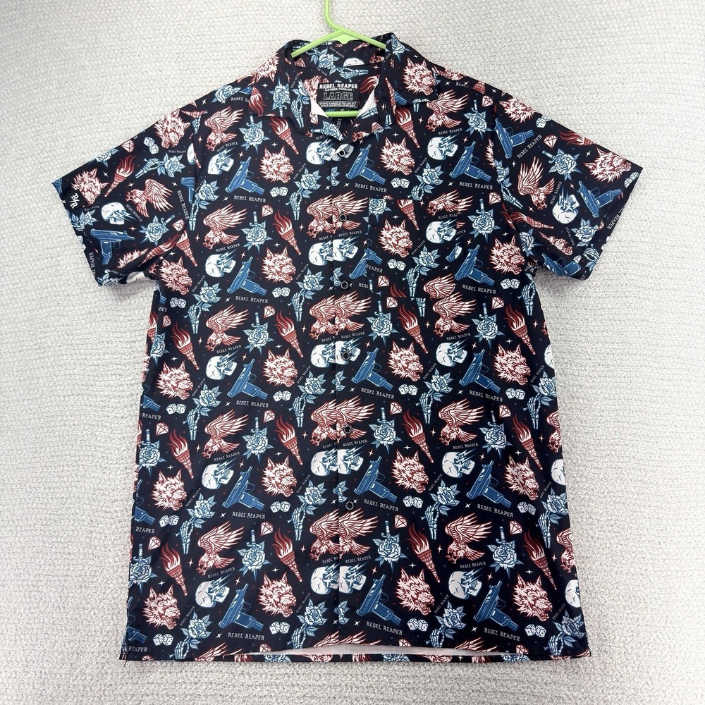Rebel Reaper‎ Shirt Men Large Black AOP Short Sleeve Button Up Skulls